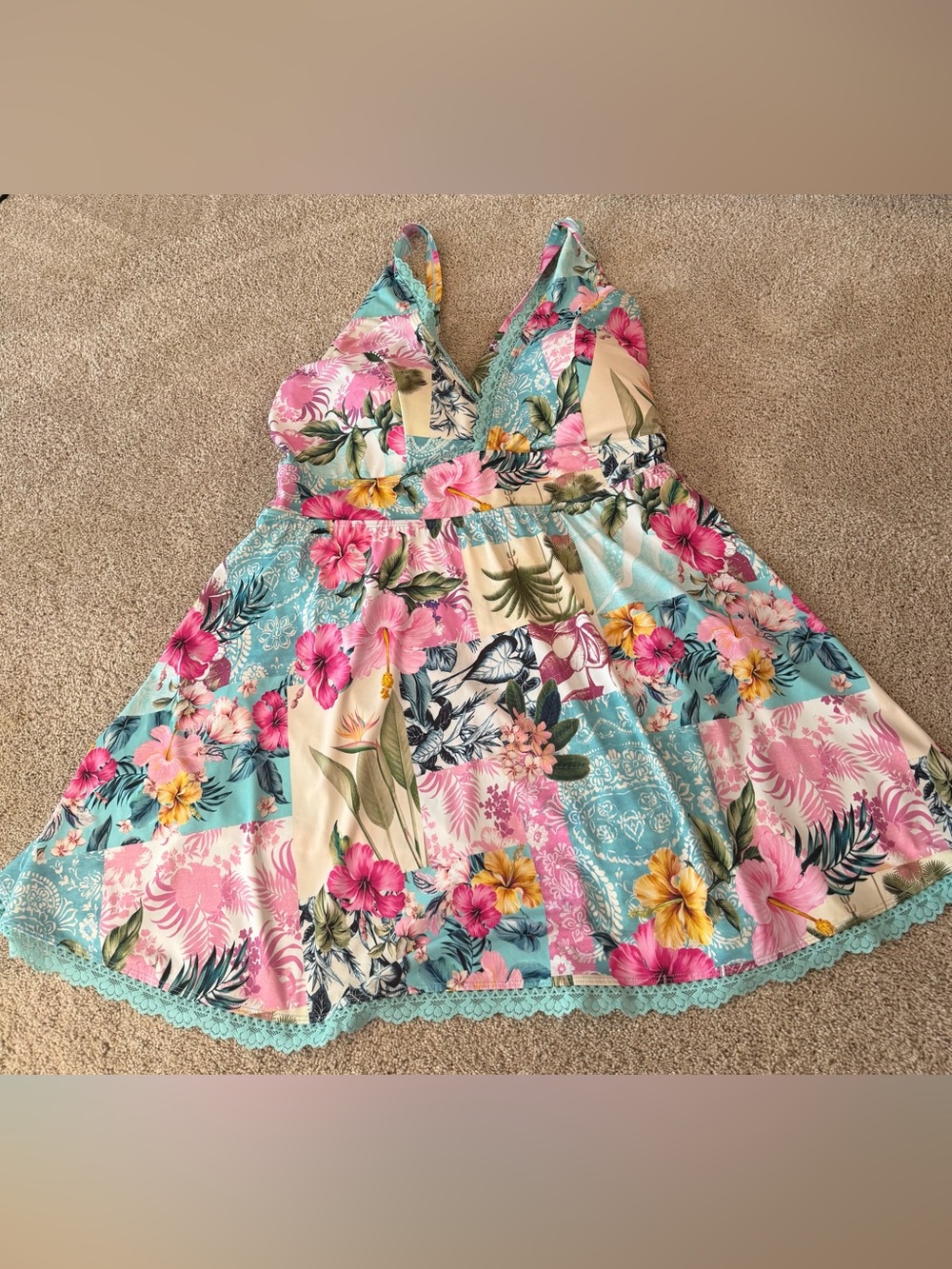 Torrid Floral One-Piece Swimsuit Dress in Aqua, Pink & Cream size 5